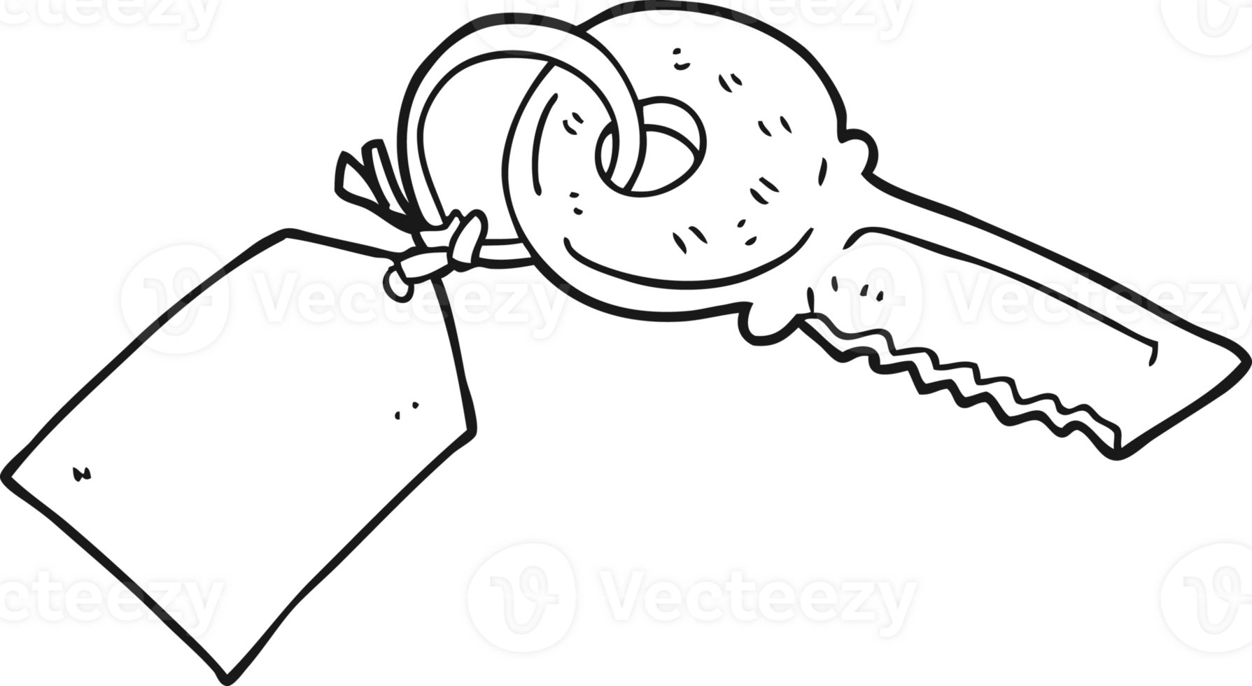 hand drawn black and white cartoon key with tag png