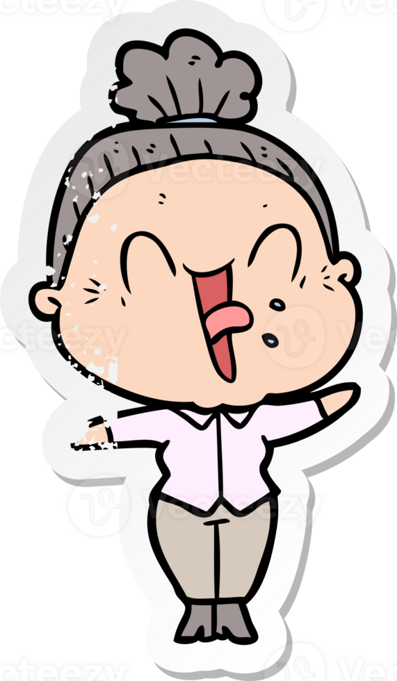 distressed sticker of a cartoon happy old woman png