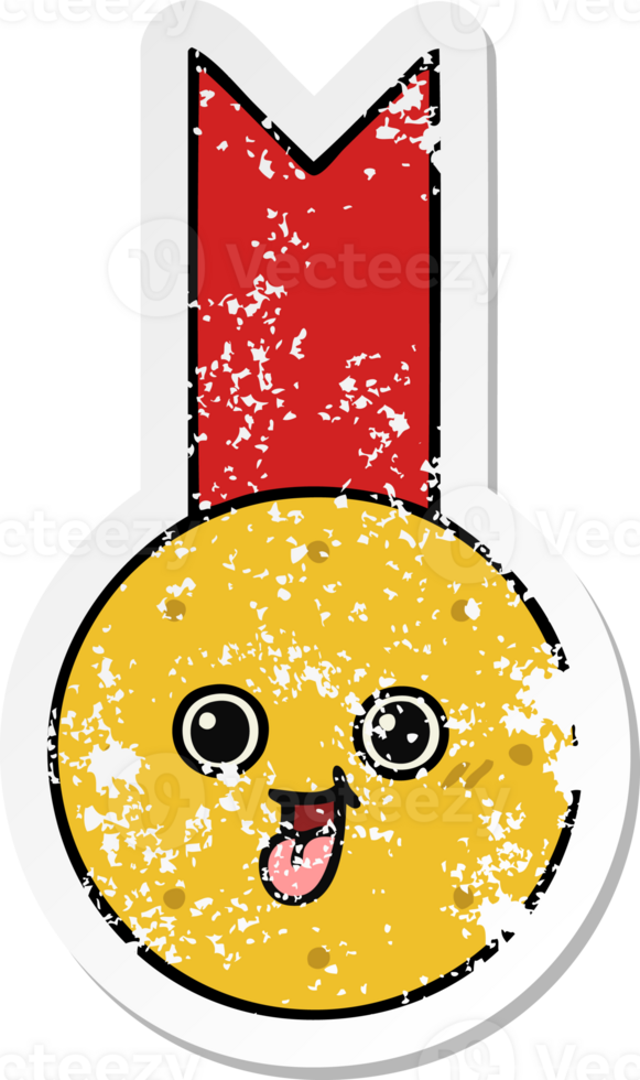 distressed sticker of a cute cartoon gold medal png