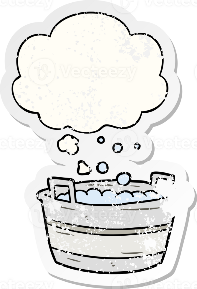 cartoon old tin bath with thought bubble as a distressed worn sticker png