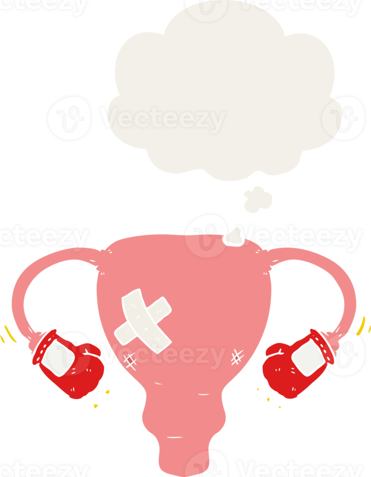 cartoon beat up uterus with boxing gloves with thought bubble in retro style png