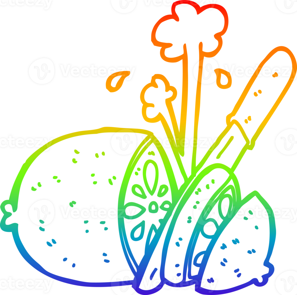 rainbow gradient line drawing of a cartoon sliced lemon png