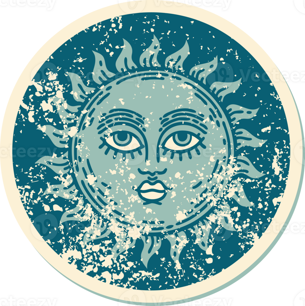 iconic distressed sticker tattoo style image of a sun with face png