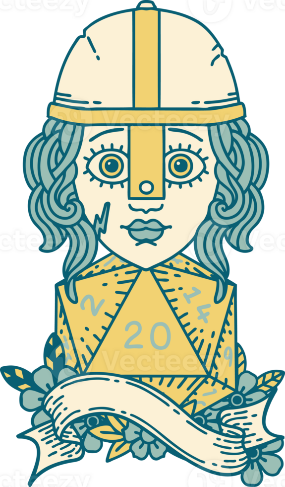 Retro Tattoo Style human fighter with natural twenty dice roll png