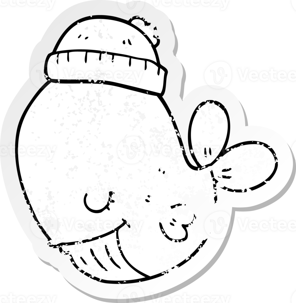 distressed sticker of a cartoon whale wearing hat png