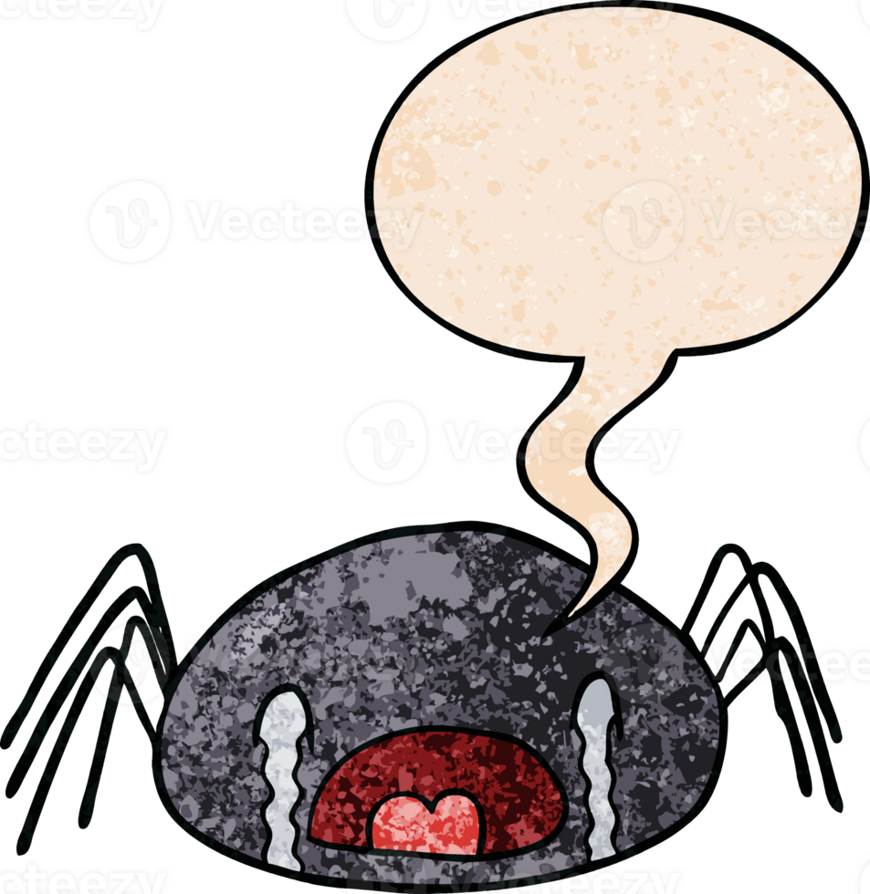cartoon halloween spider crying with speech bubble in retro texture style png