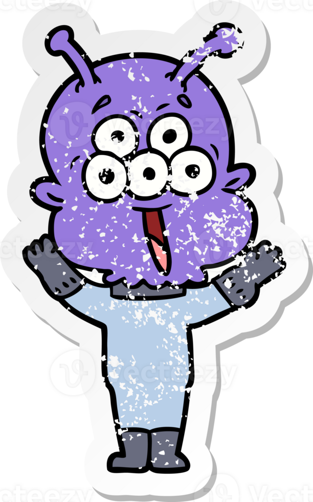 distressed sticker of a happy cartoon alien png