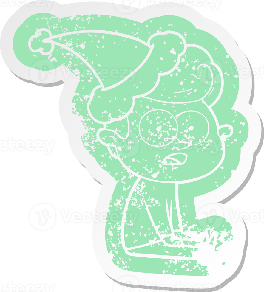 quirky cartoon distressed sticker of a staring man wearing santa hat png