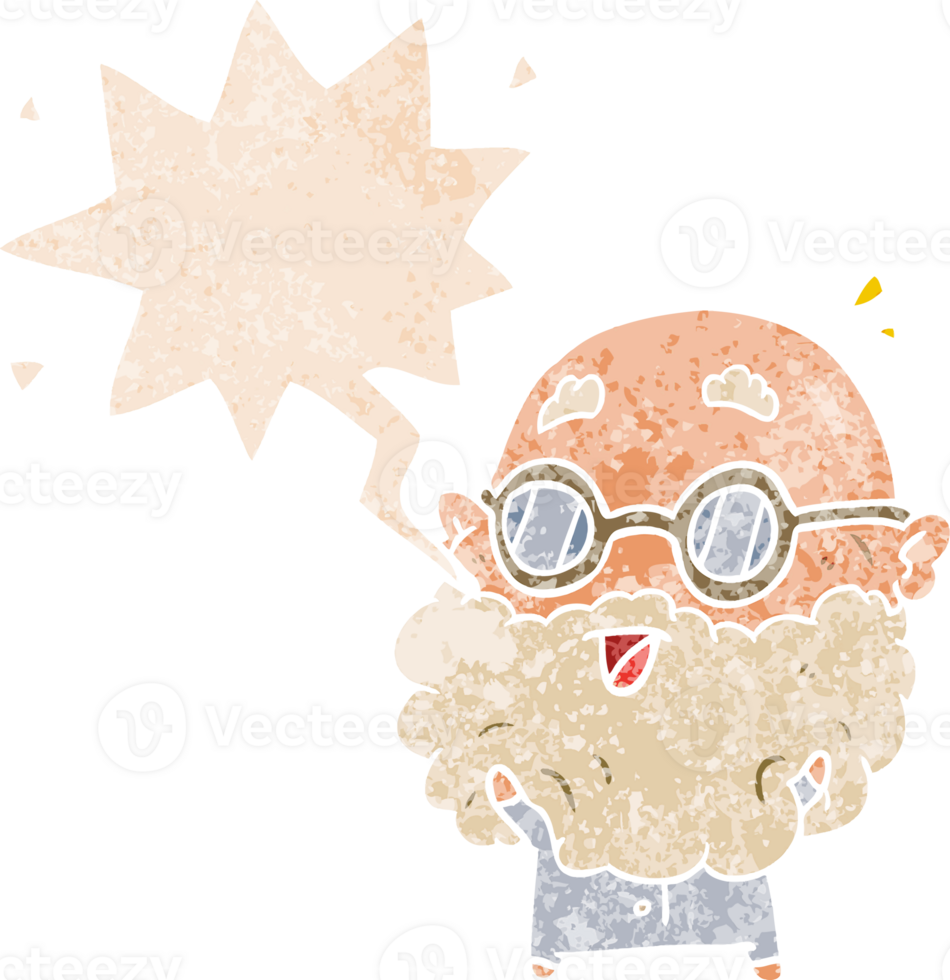 cartoon surprised old man with speech bubble in grunge distressed retro textured style png