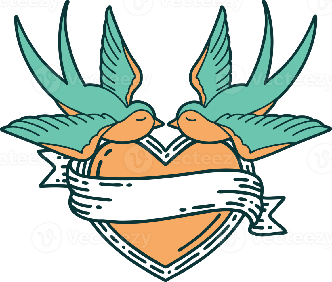 iconic tattoo style image of swallows and a heart with banner png