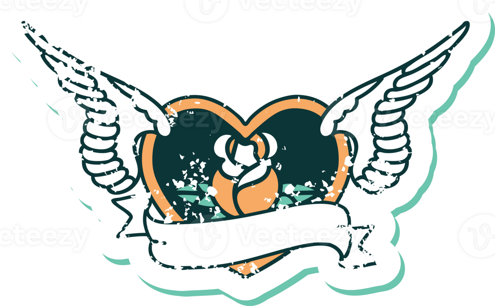 iconic distressed sticker tattoo style image of a flying heart with flowers and banner png