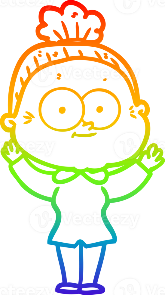rainbow gradient line drawing of a cartoon happy old woman png