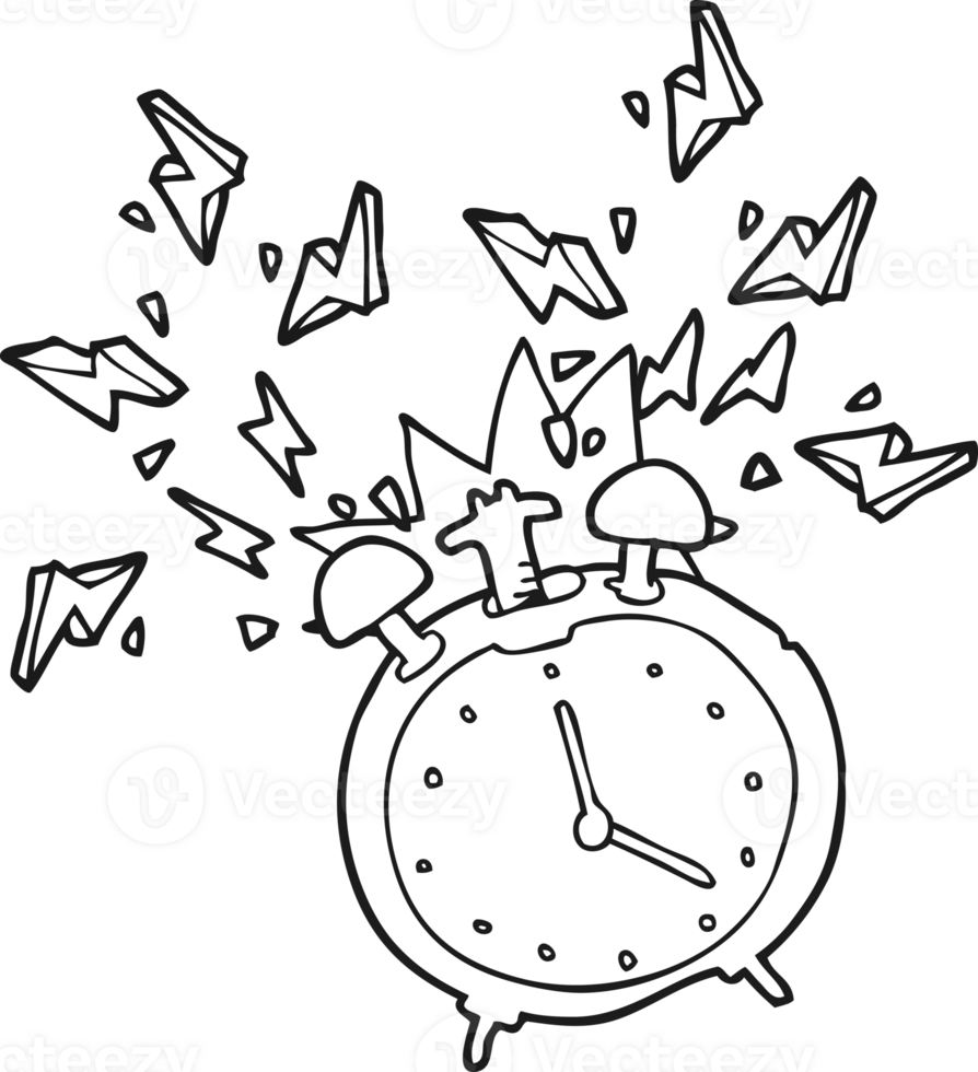 hand drawn black and white cartoon ringing alarm clock png