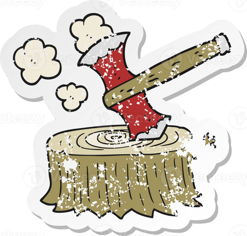 retro distressed sticker of a cartoon tree stump and axe png