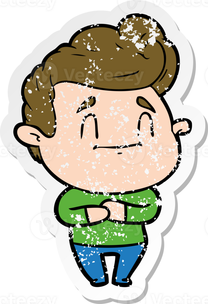 distressed sticker of a happy cartoon man png
