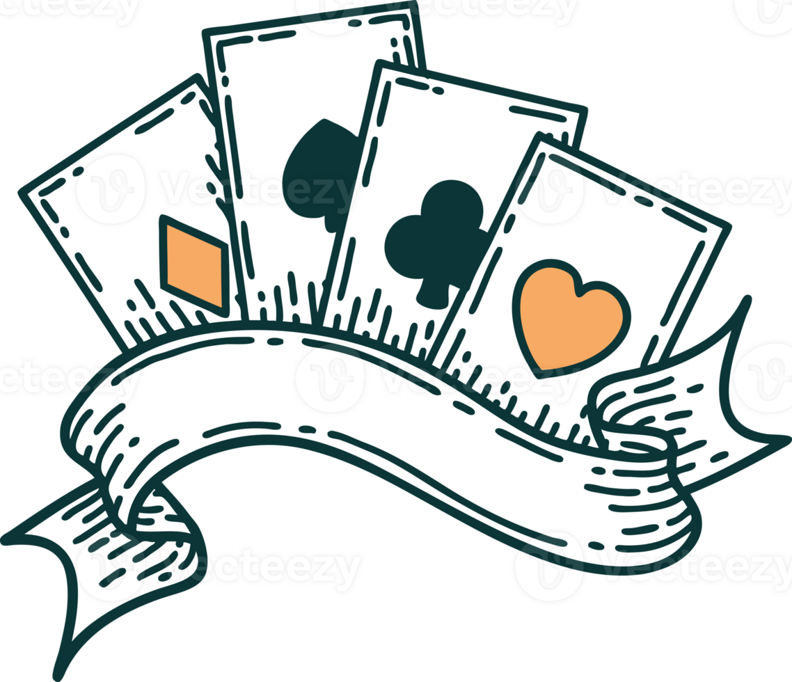 iconic tattoo style image of cards and banner png
