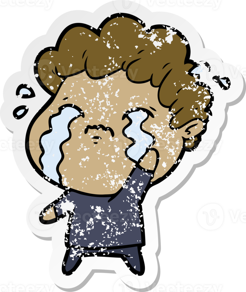 distressed sticker of a cartoon man crying png