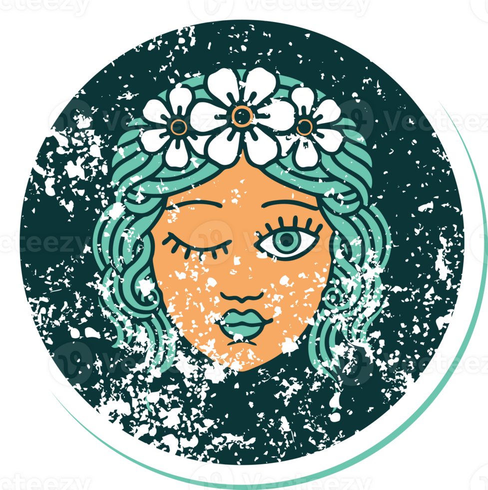 iconic distressed sticker tattoo style image of a maidens face winking png