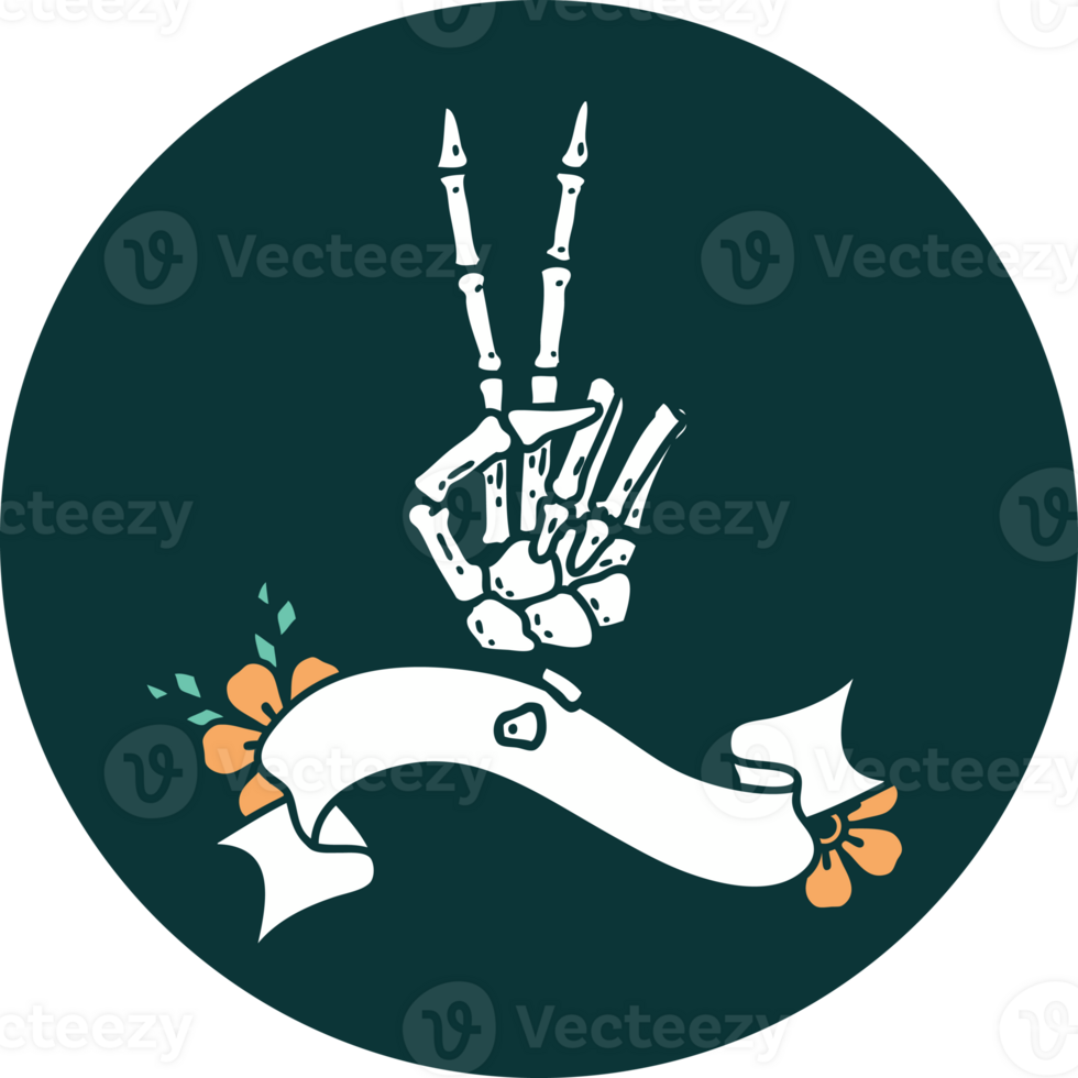 tattoo style icon with banner of a skeleton giving a peace sign png