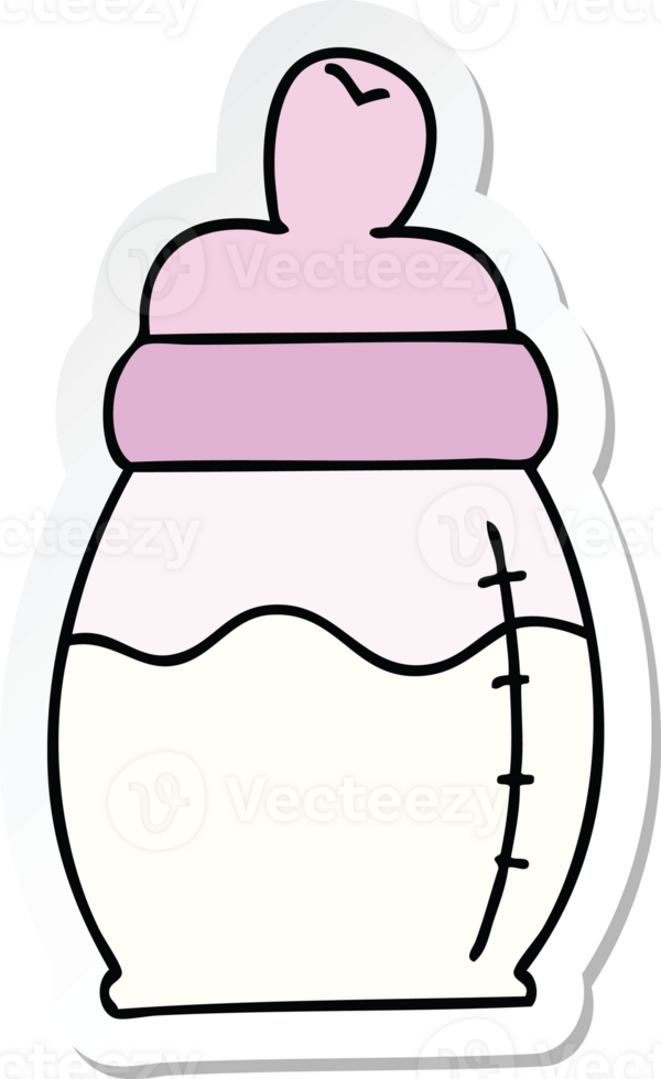 sticker of a quirky hand drawn cartoon baby milk bottle png