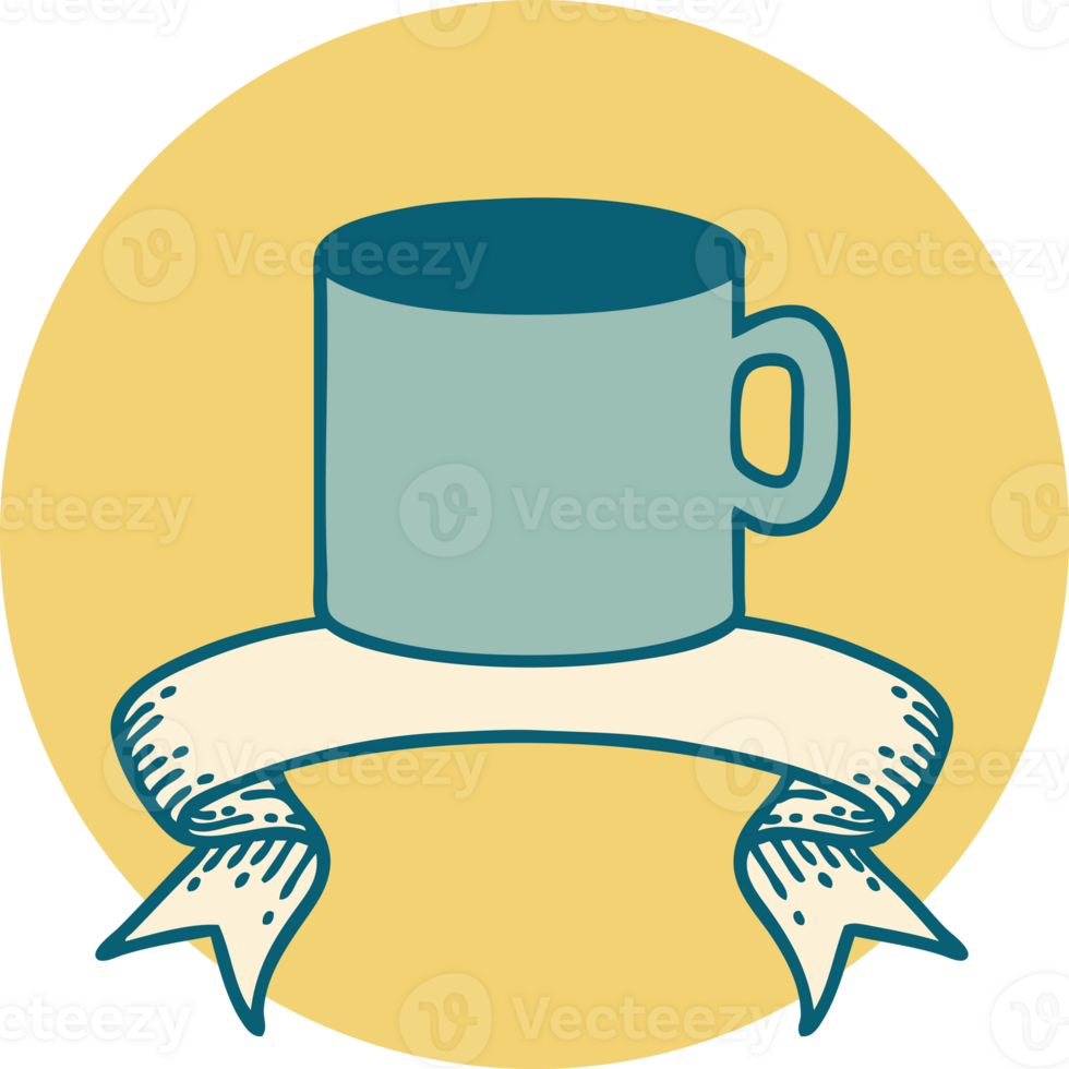 tattoo style icon with banner of cup of coffee png