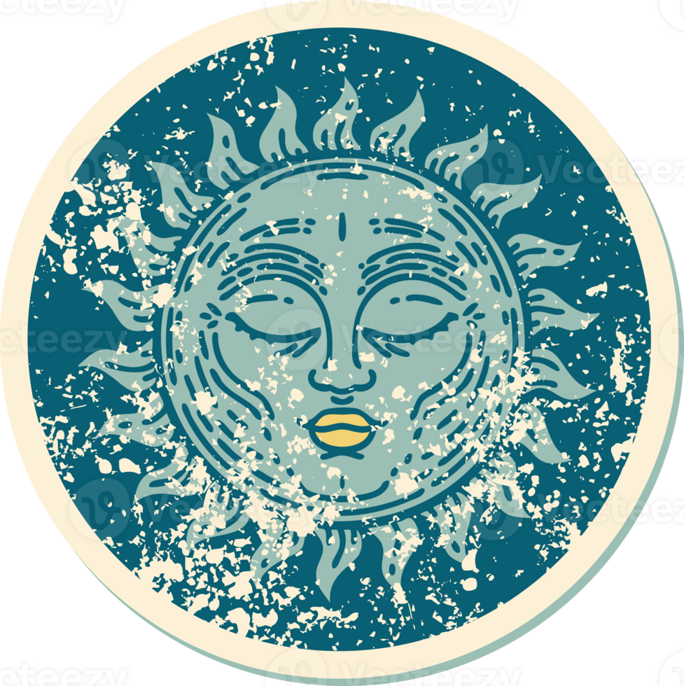 iconic distressed sticker tattoo style image of a sun png