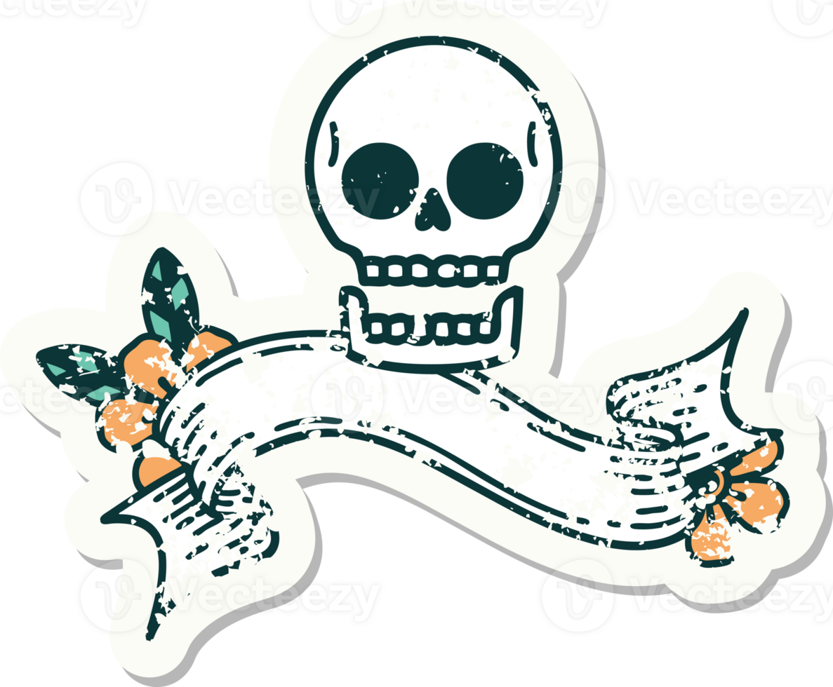 worn old sticker with banner of a skull png