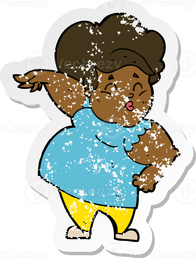 retro distressed sticker of a cartoon happy overweight lady png
