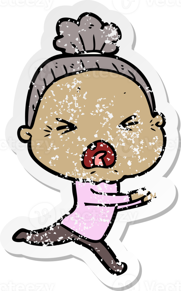 distressed sticker of a cartoon angry old woman png