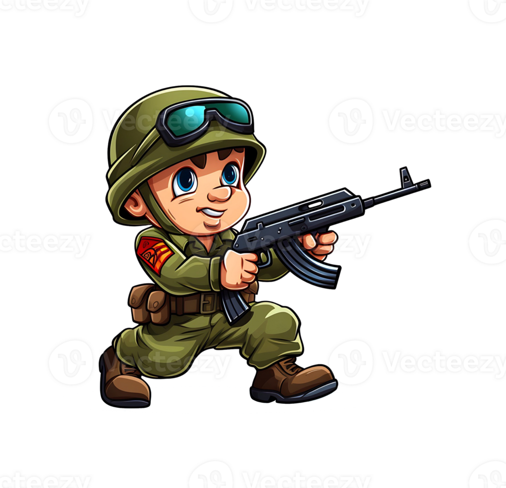 Chibi style illustration of a young, confident soldier in combat gear with goggles and a helmet png