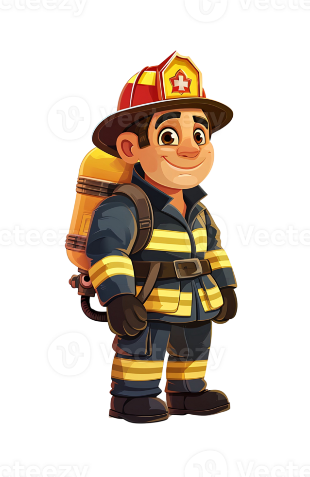 Cartoon young firefighter in full gear with a helmet and carrying a fire extinguisher, smiling confidently png