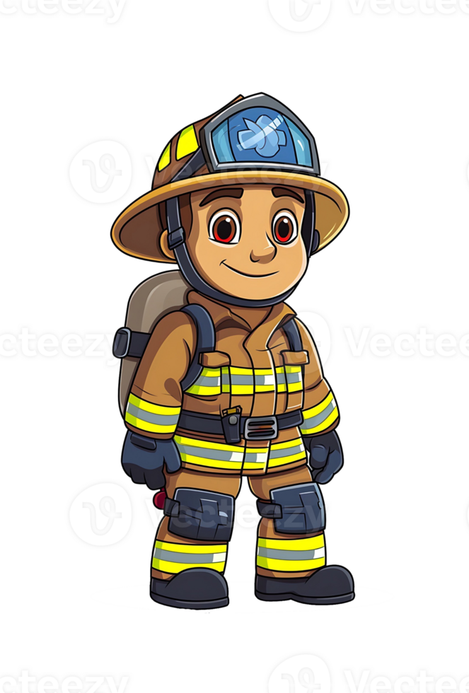 Cartoon young firefighter in full gear with a helmet and carrying a fire extinguisher, smiling confidently png