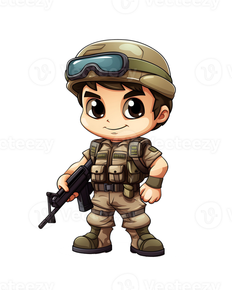 Chibi style illustration of a young, confident soldier in combat gear with goggles and a helmet png