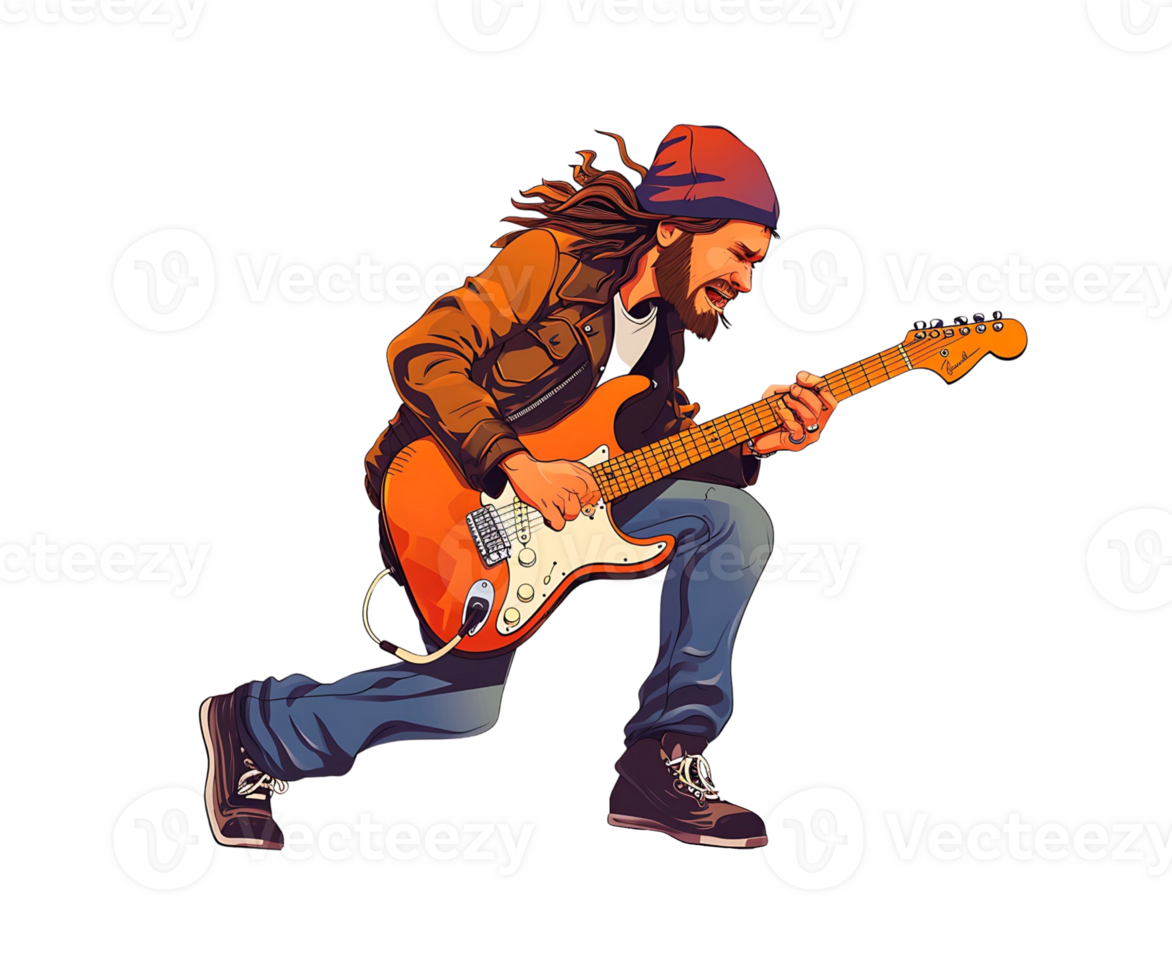 Energetic guitarist immersed in playing, with long hair and a beanie, rocking out on an electric guitar png