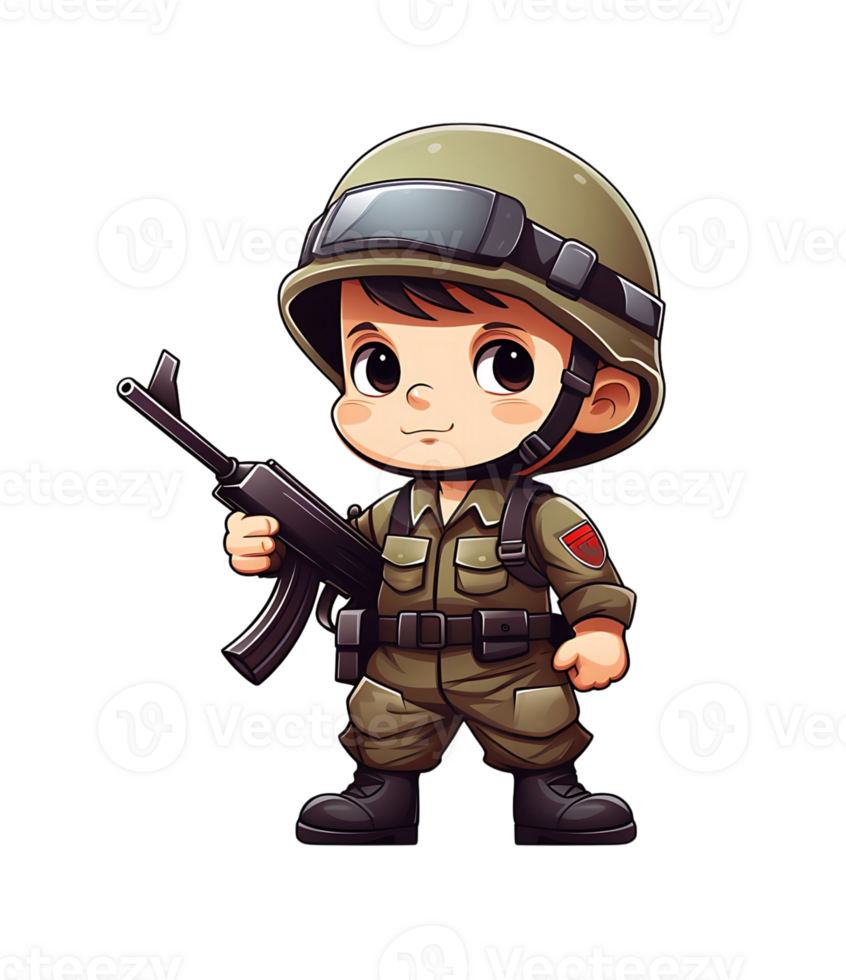 Chibi style illustration of a young, confident soldier in combat gear with goggles and a helmet png