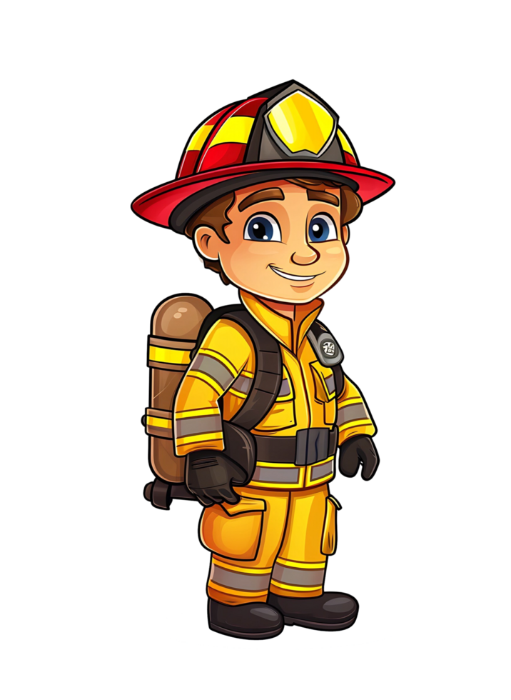 Cartoon young firefighter in full gear with a helmet and carrying a fire extinguisher, smiling confidently png