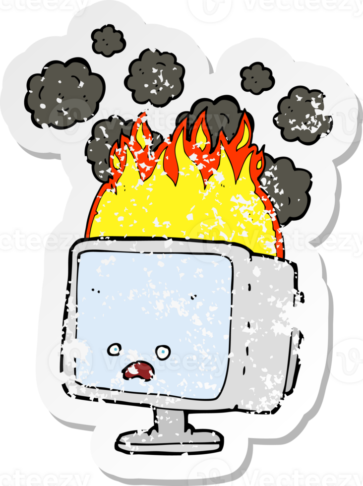 retro distressed sticker of a cartoon burning computer png