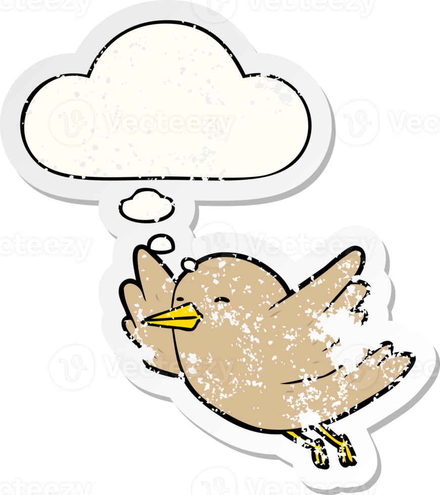 cartoon bird with thought bubble as a distressed worn sticker png