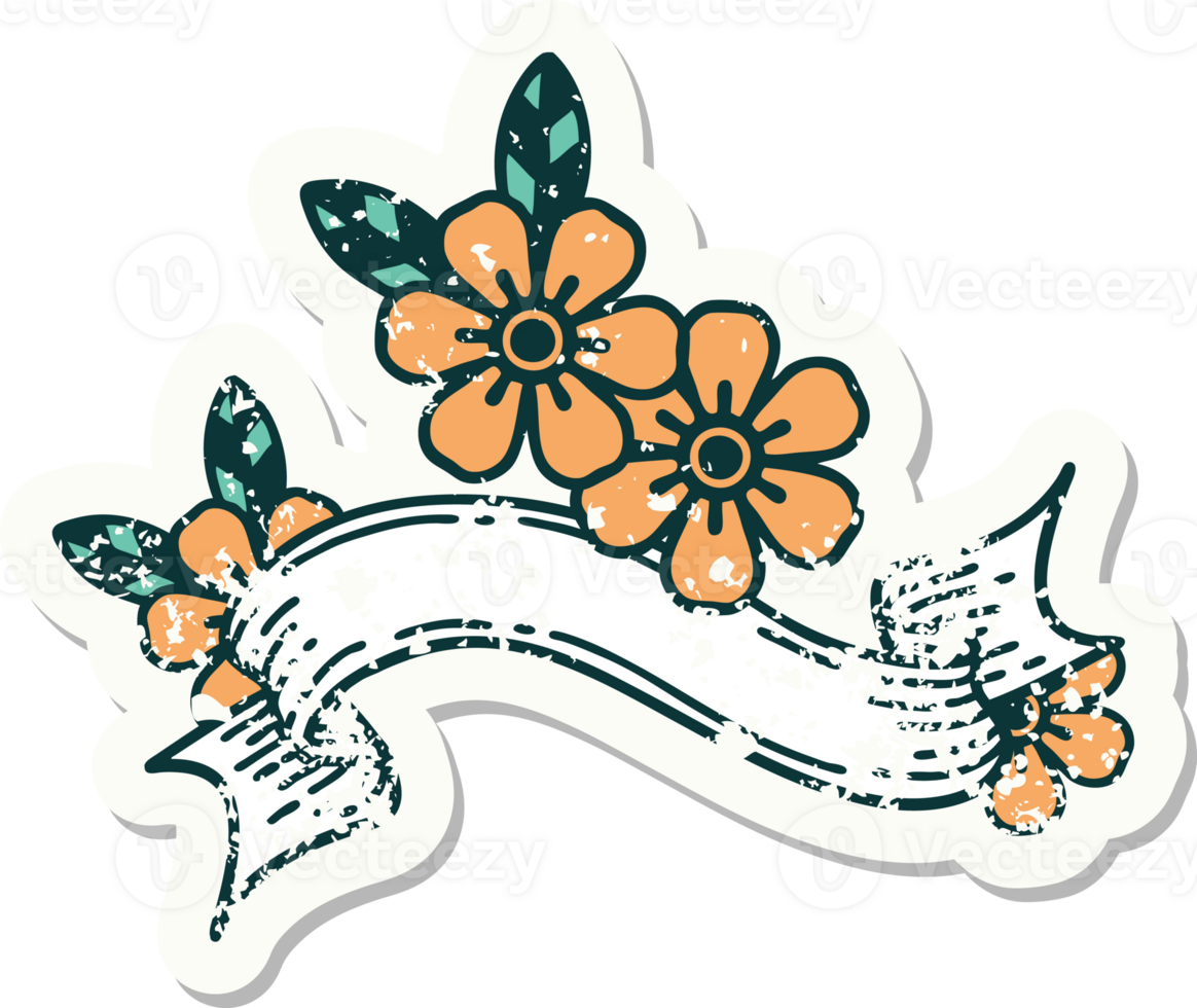 worn old sticker with banner of a flower png