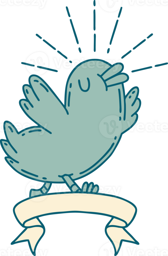 scroll banner with tattoo style happy bird png