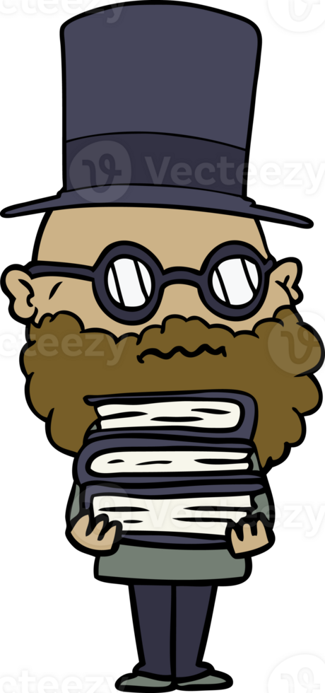 cartoon worried man with beard and stack of books png