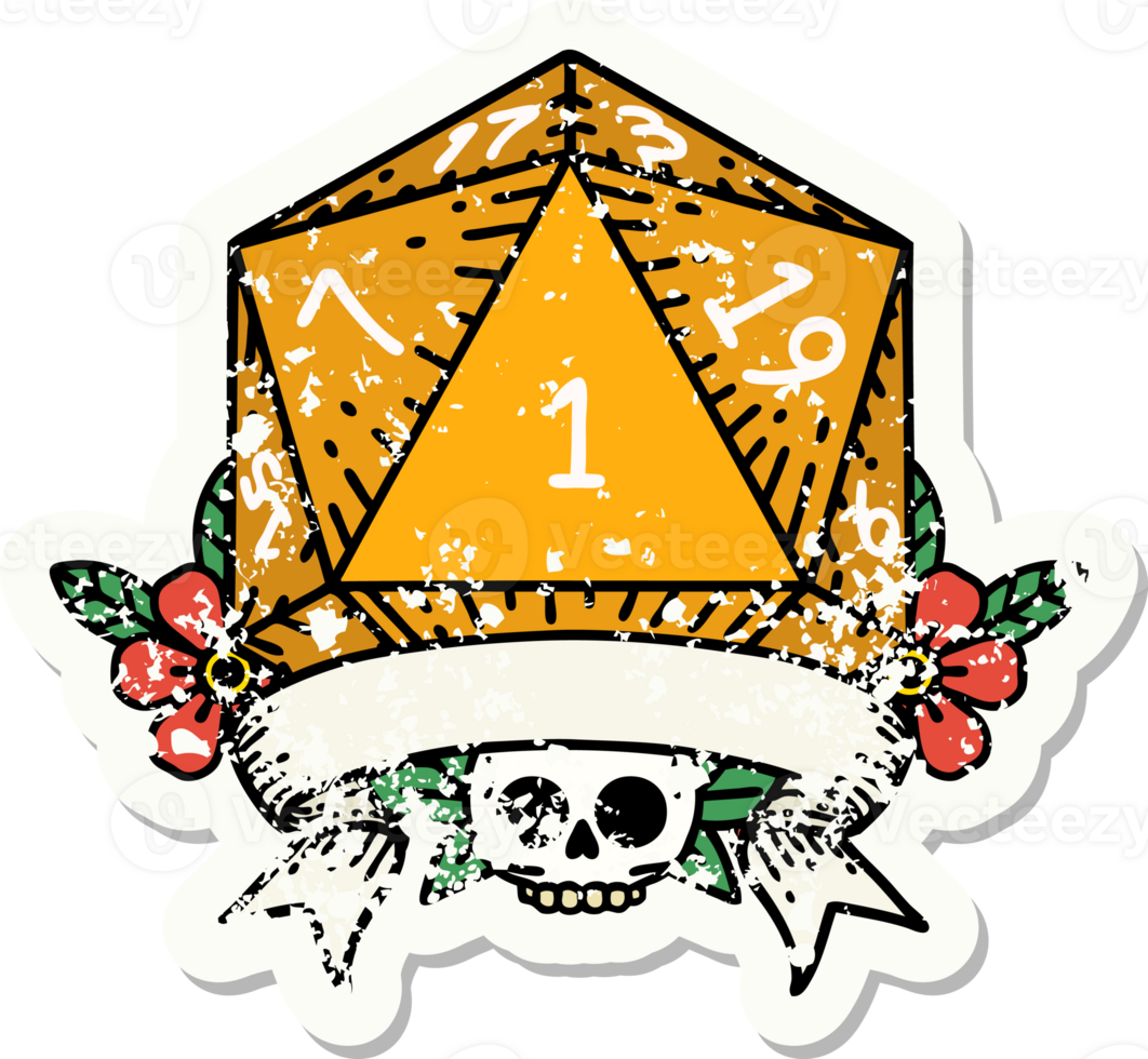 grunge sticker of a natural one d20 dice roll png