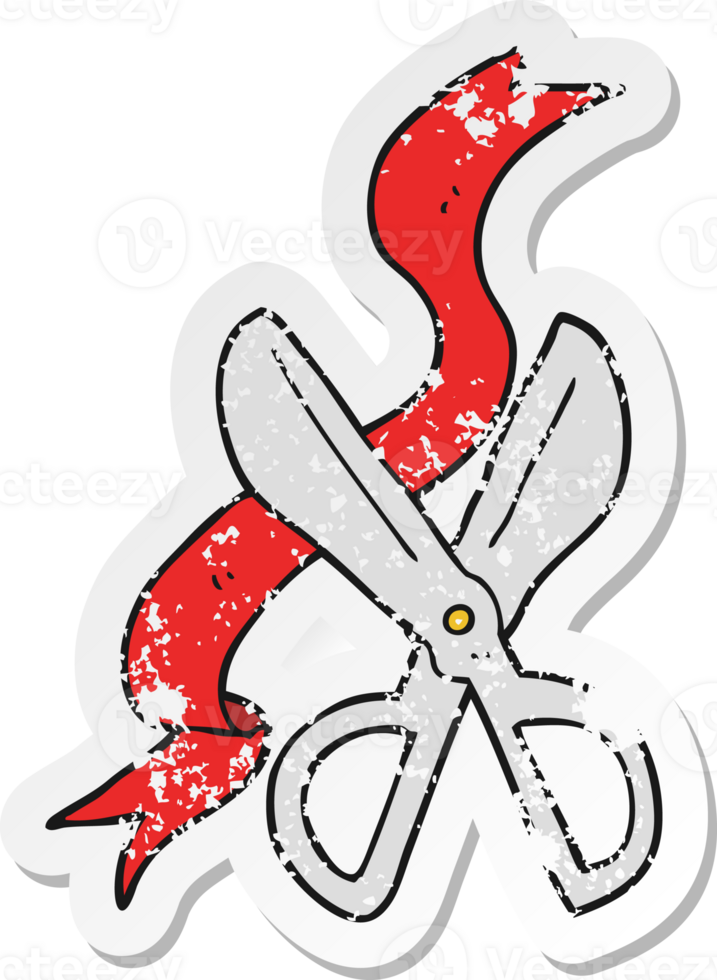 retro distressed sticker of a cartoon scissors cutting ribbon png