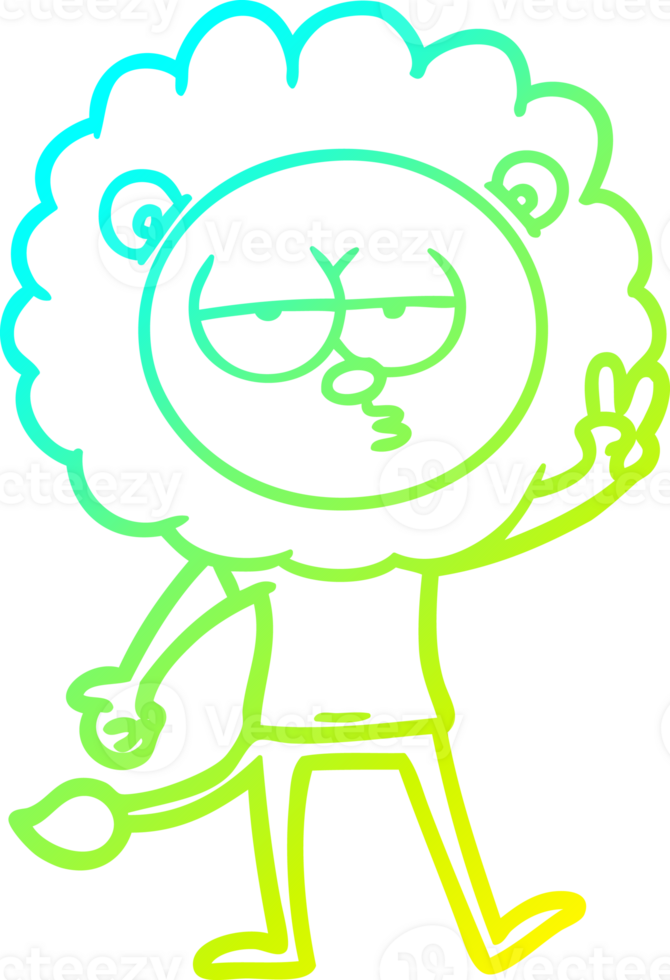 cold gradient line drawing of a cartoon bored lion waving png