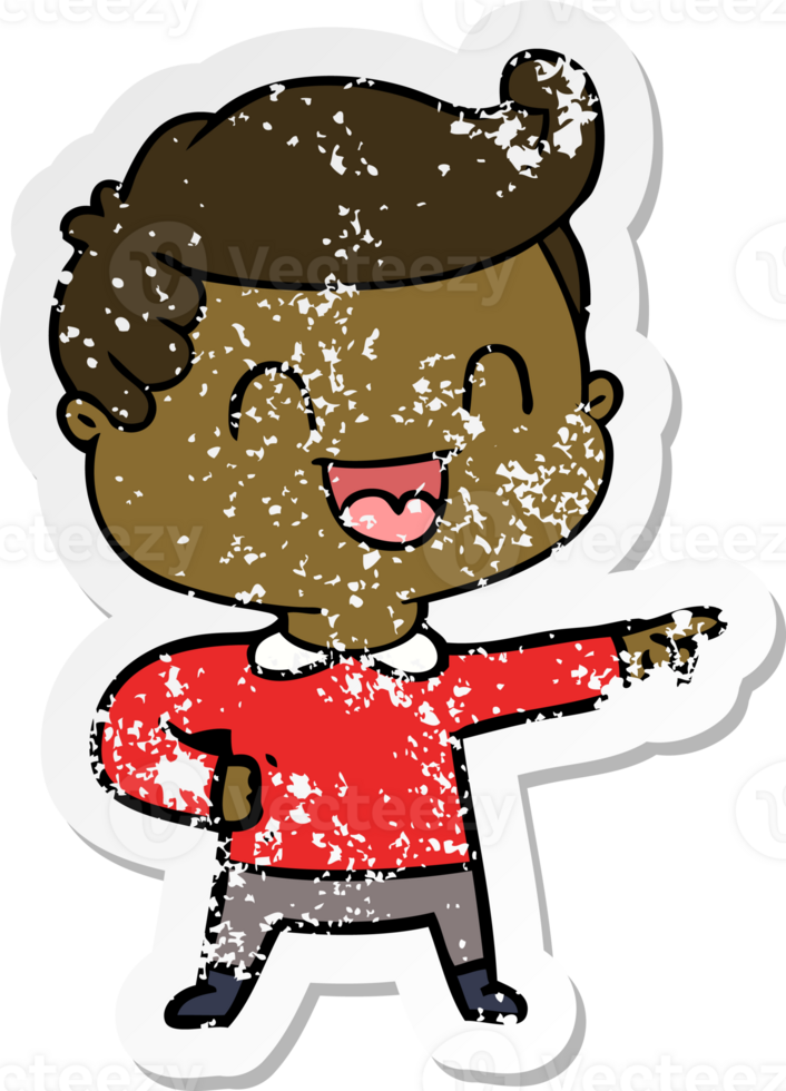 distressed sticker of a cartoon happy man pointing png