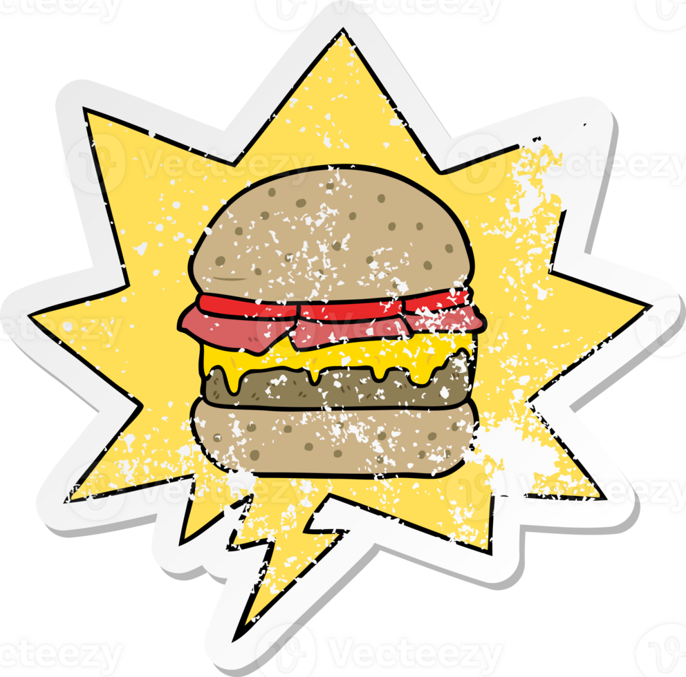 cartoon stacked burger with speech bubble distressed distressed old sticker png