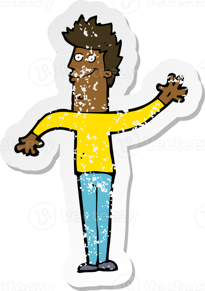 retro distressed sticker of a cartoon happy waving man png