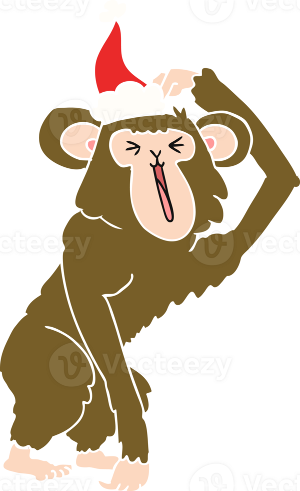hand drawn flat color illustration of a chimp scratching head wearing santa hat png