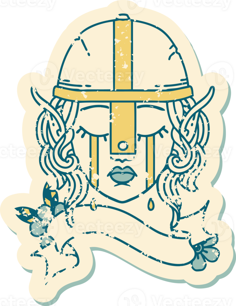Retro Tattoo Style crying elf fighter character face png