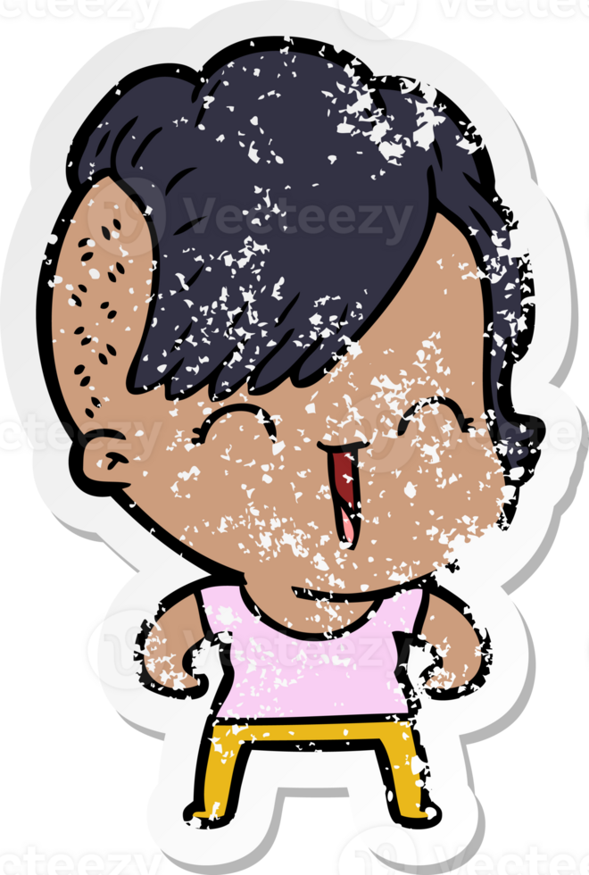 distressed sticker of a cartoon happy hipster girl png